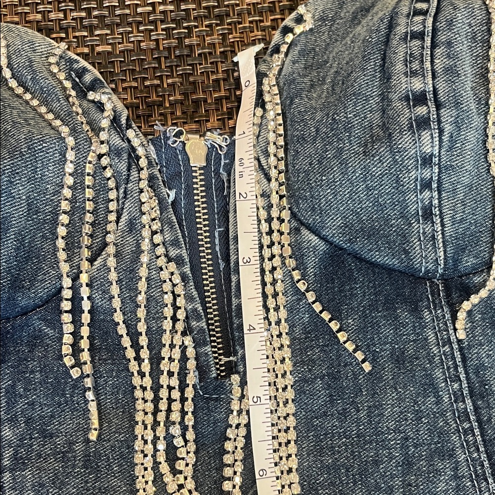 Lulus Strapless Denim Mini Dress Witn Rhinestone Fringe NWT SZ L - Picture 12 of 14